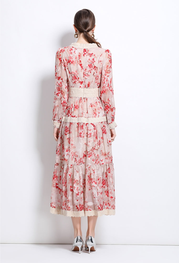 Retro V-neck Lace-trimmed Long-sleeved Floral Printed Dress