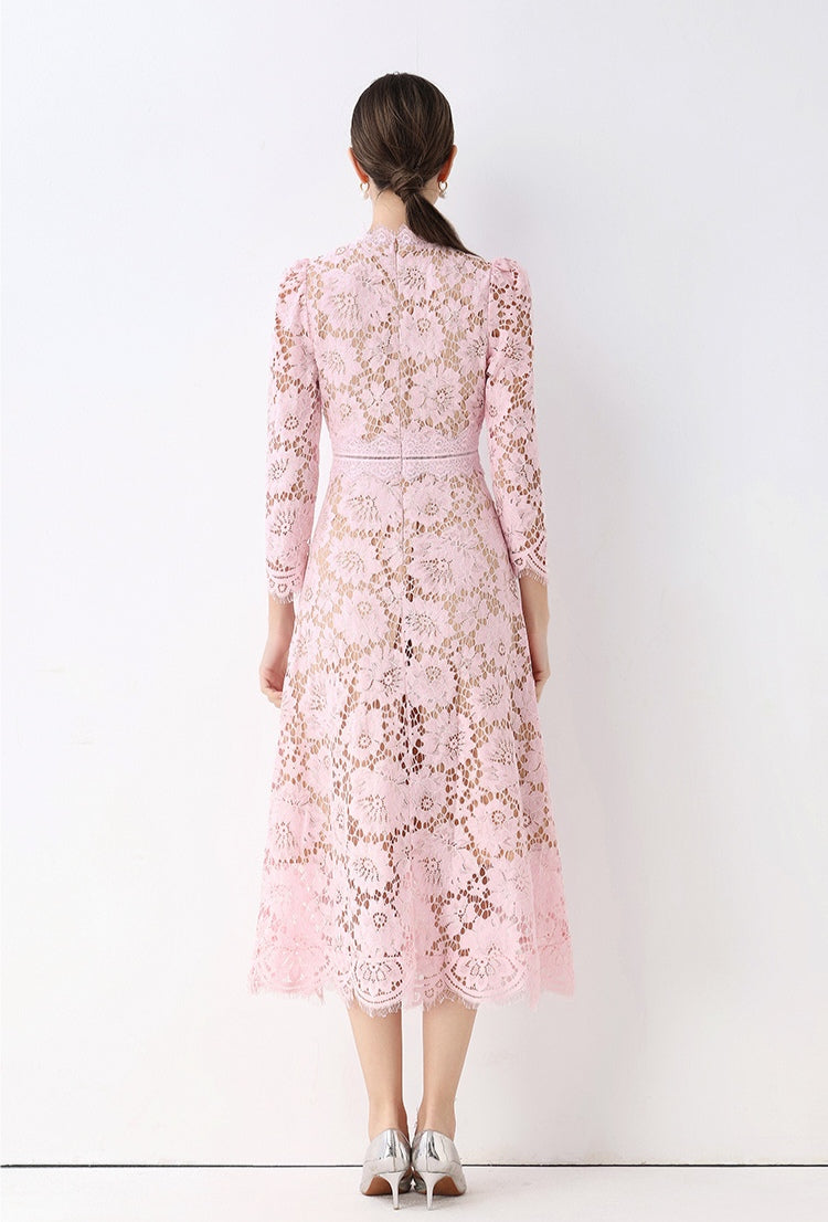Pink Elegant Round Neck Hollowed-out Lace Dress