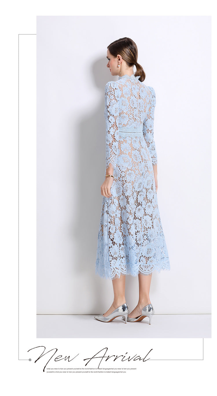 Light Blue Elegant Round Neck Hollowed-out Lace Dress