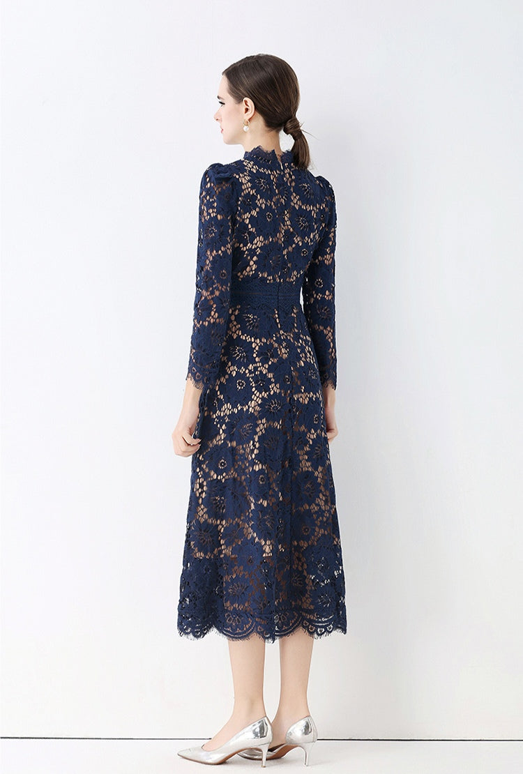 Royal Blue Elegant Round Neck Hollowed-out Lace Dress