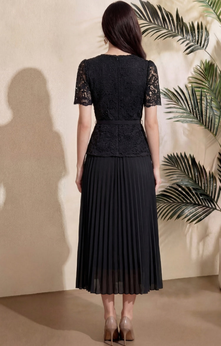Elegant Black Lace Pleated Midi Dress with Belt
