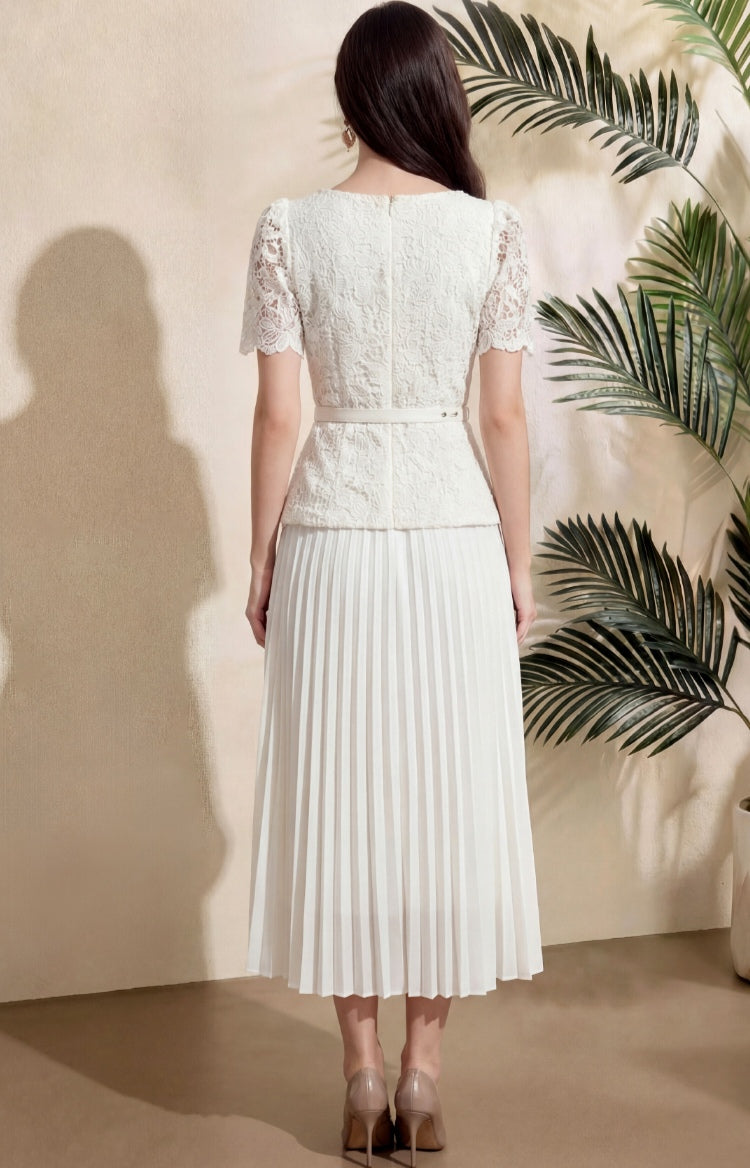 Elegant White Lace Pleated Midi Dress with Belt