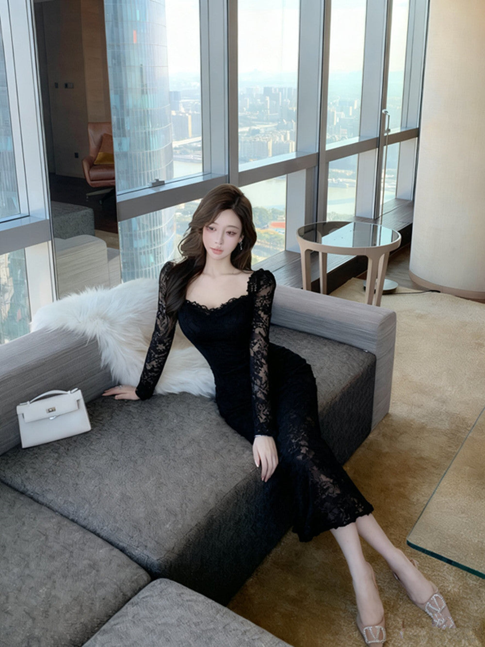 Elegant Floor - Length Lace Gown - Sophisticated Square Neck Evening Maxi Dress