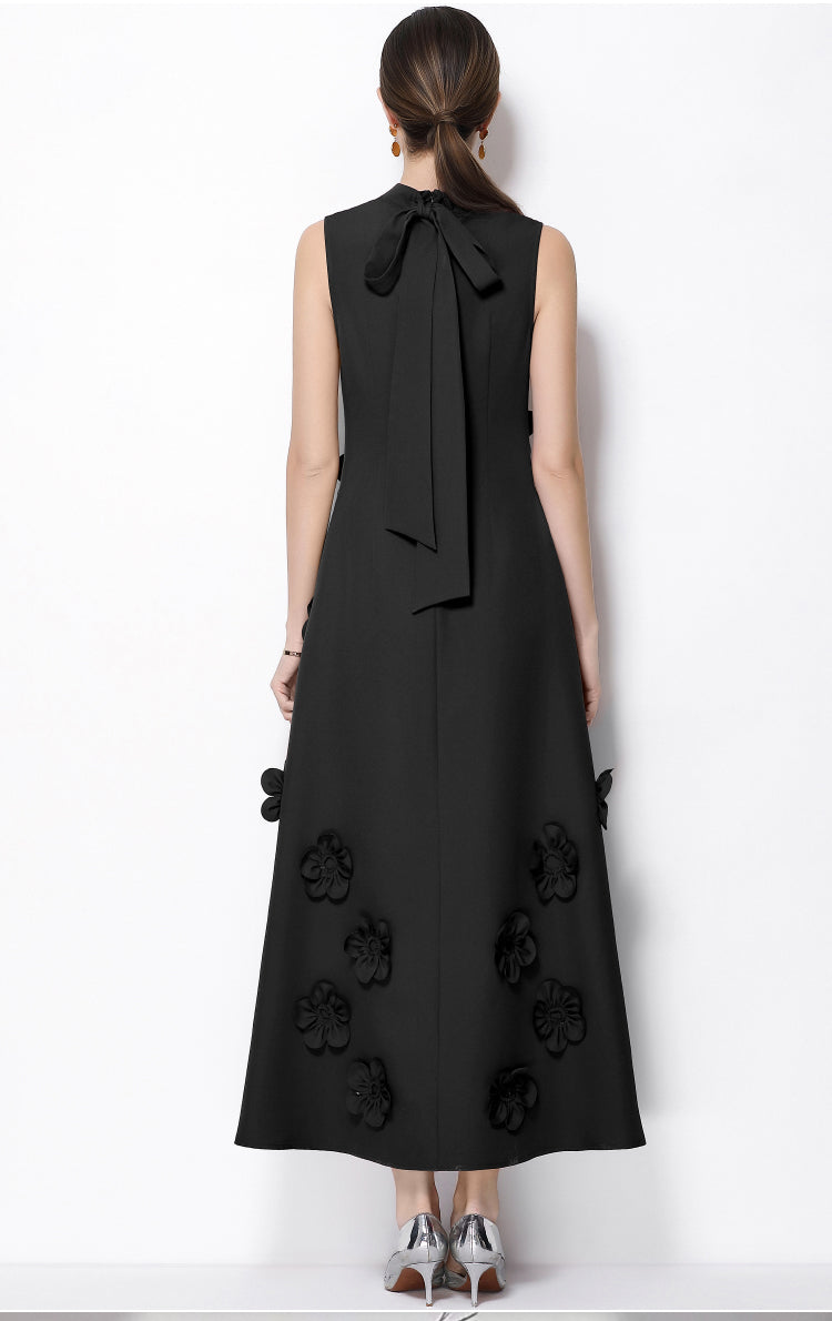 Petal-Encrusted Black Midi Dress-3D Floral Mock-Neck A-Line