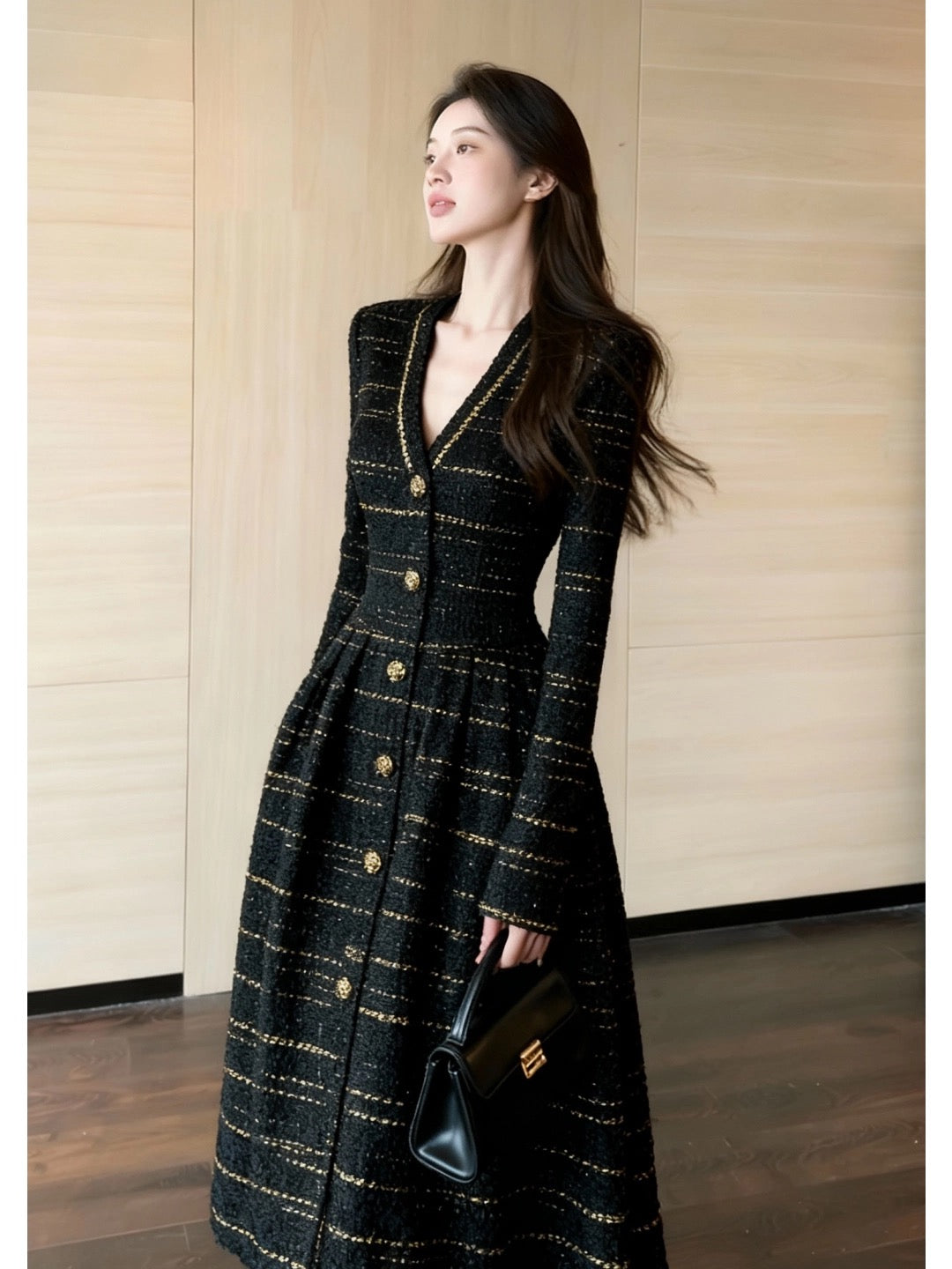 Elegant Black Tweed Gold- Buttoned Midi Dress