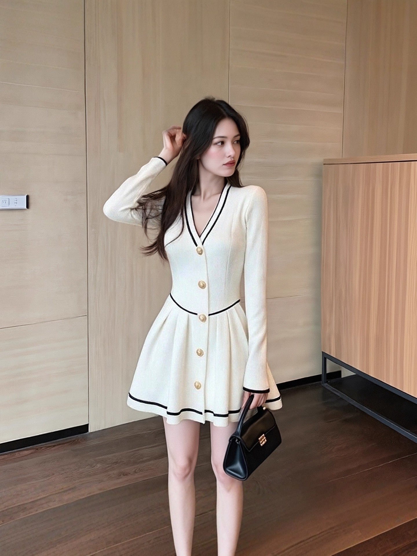 French Vintage V-Neck Knit Mini Dress With Gold Button Accents