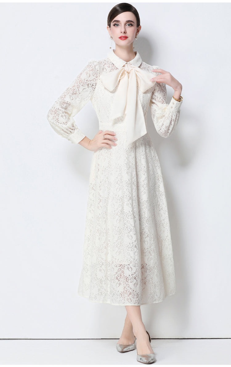 Vintage- Inspired Apricot Lace Dress With Chiffon Bow