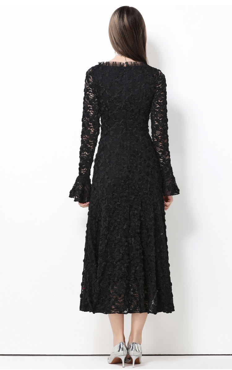 French-style light luxury-Inspired lace dress with heavy-duty 3D floral bell sleeves and a full skirt.