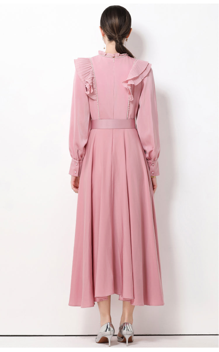 Enchanted Pink Orchid Belted A-line Gown-High Neck Victorian Style