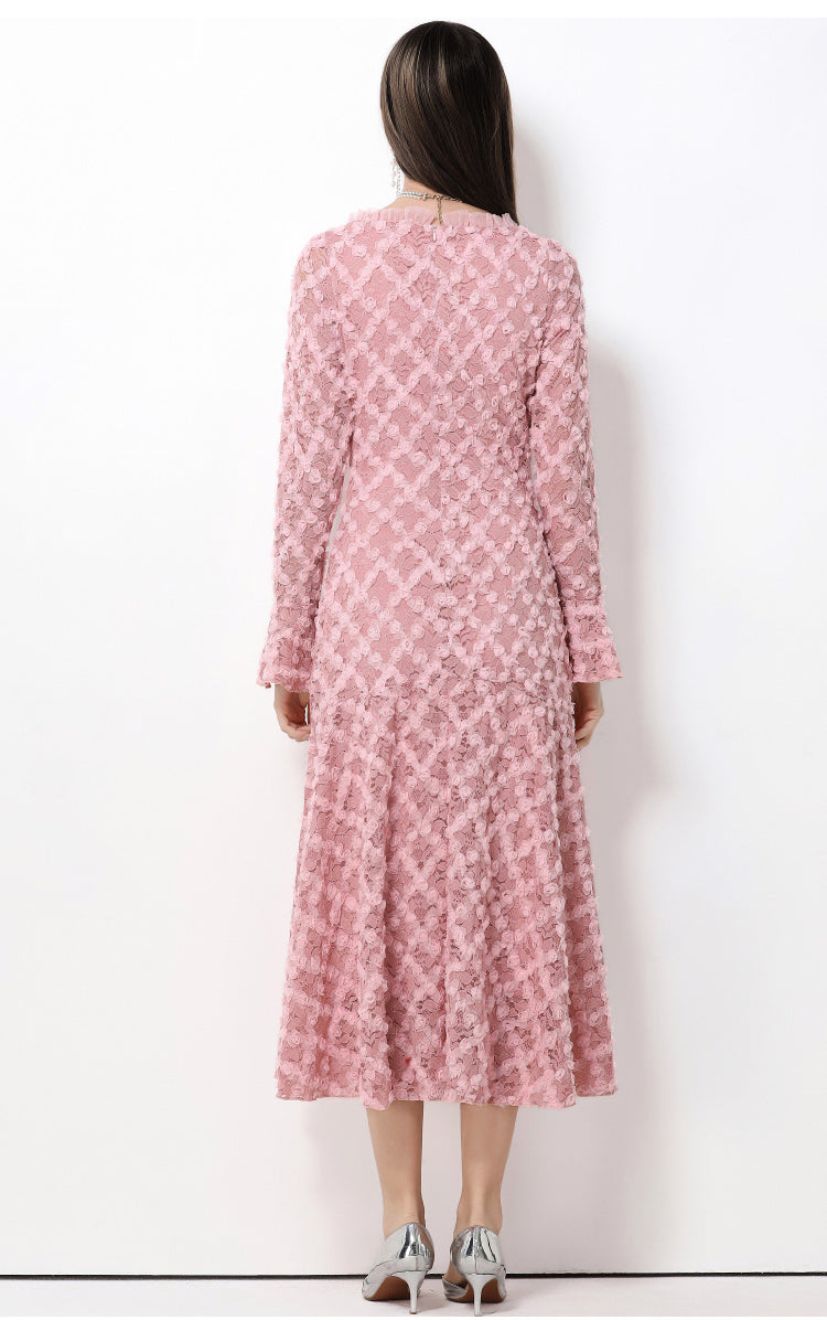 French-style light luxury-Inspired lace dress with heavy-duty 3D floral bell sleeves and a full skirt.