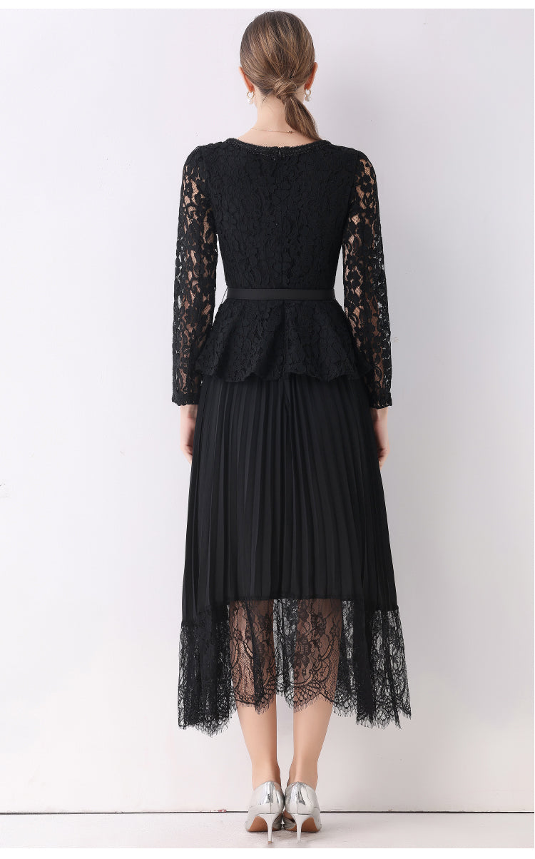 Midnight Lace Peplum Midi Fake-two Dress With Pleated Lace-Trim Skirt