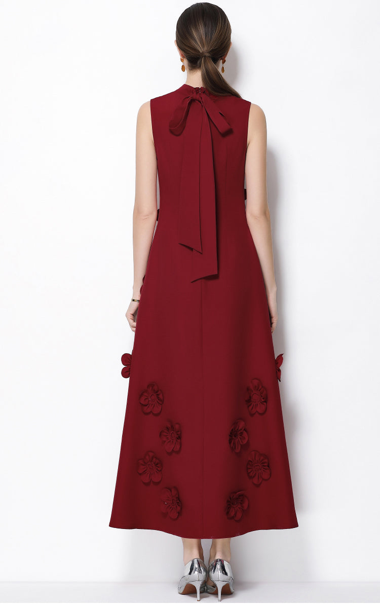Petal-Encrusted Claret Midi Dress-3D Floral Mock-Neck A-Line