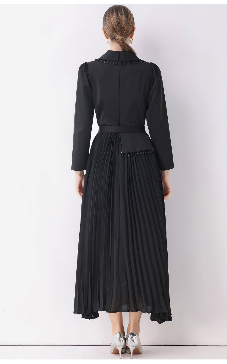 Black Floral Lace & Accordion Pleat Evening Dress