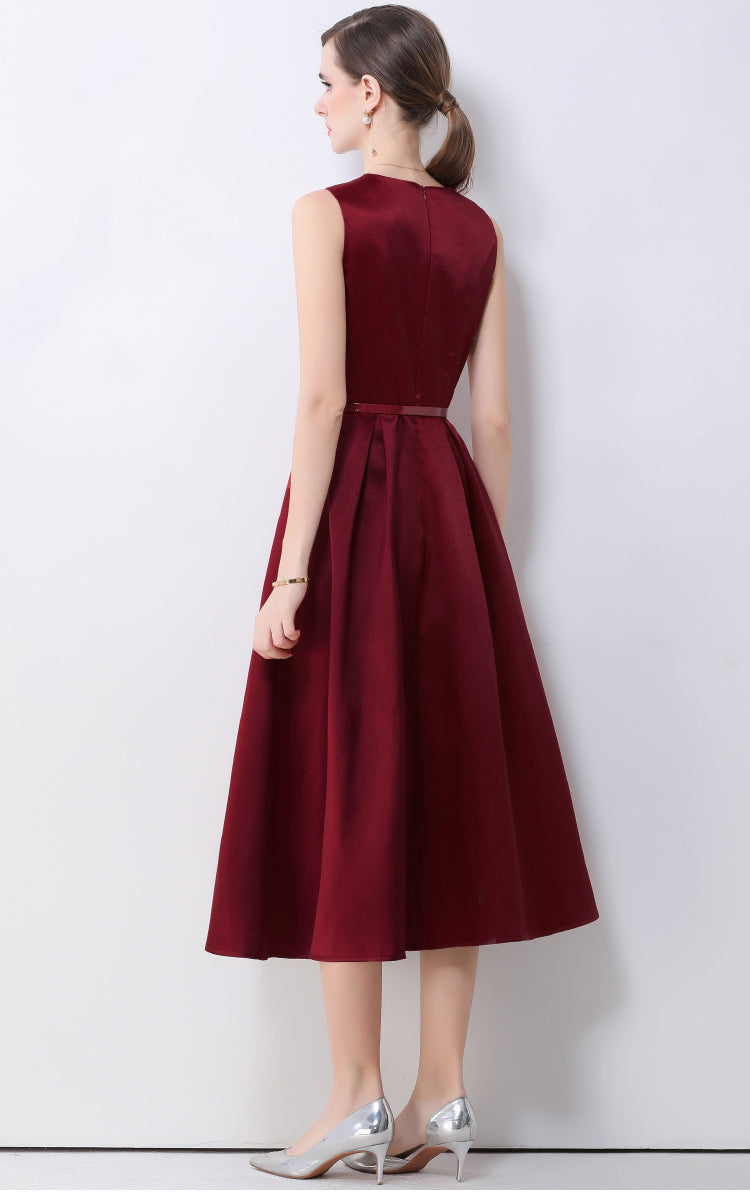 Elena Sleeveless Button-Down Flare Dress In Red