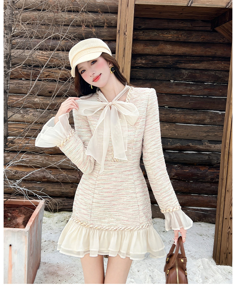 Vintage- Style Tweed Mini Dress With Bow Neckline And Chiffon Ruffle Trim