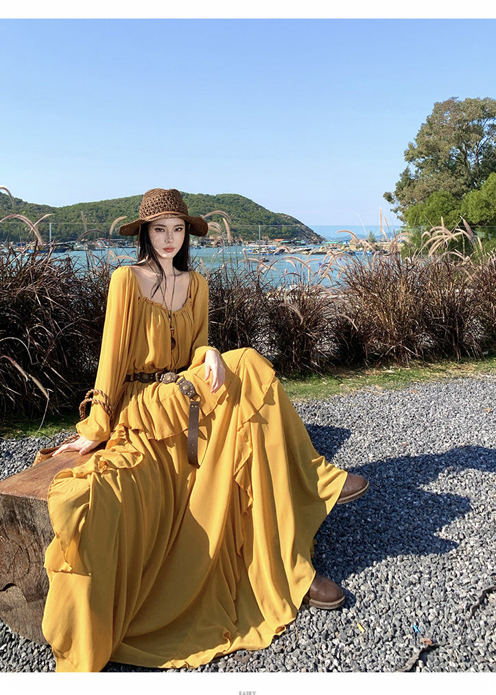 Wild Honey Yellow Boho-Chic Tiered- Long-Sleeve Maxi Dress