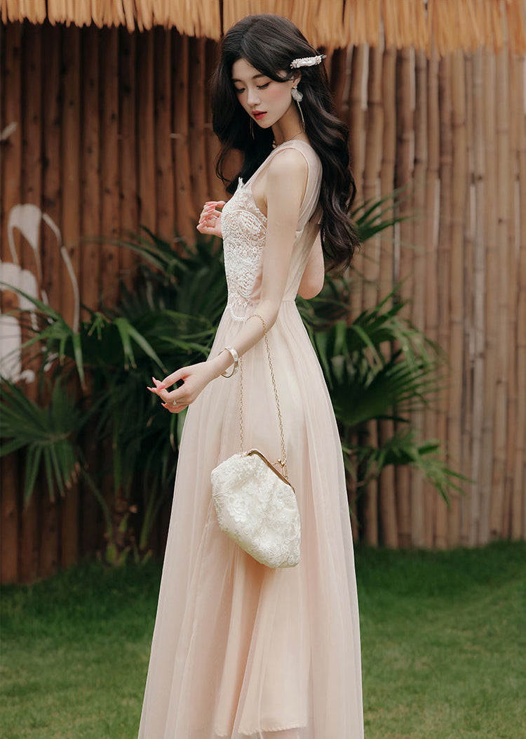 Nude Tulle Dress With Floral Lace Bodice