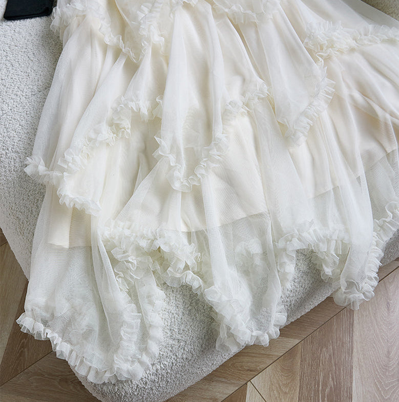 Balletcore Tiered Ruffle Tulle Long Sleeve Midi Dress