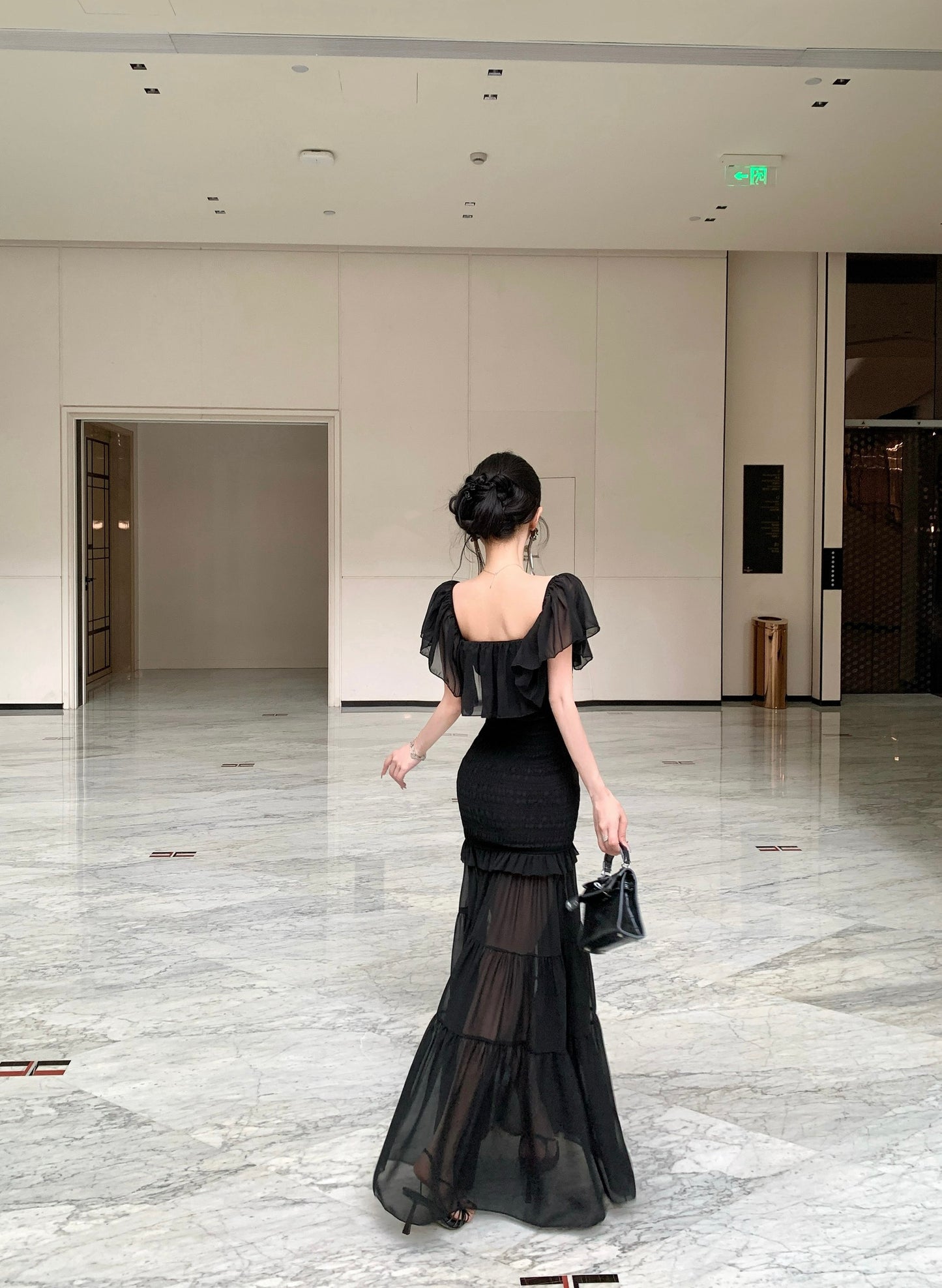 Black Off-the-Shoulder Smocked Bodycon Maxi Dress with Sheer Tiered Hem