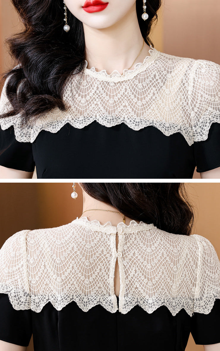 Black Short Sleeve Dress with Cream Floral Lace Yoke