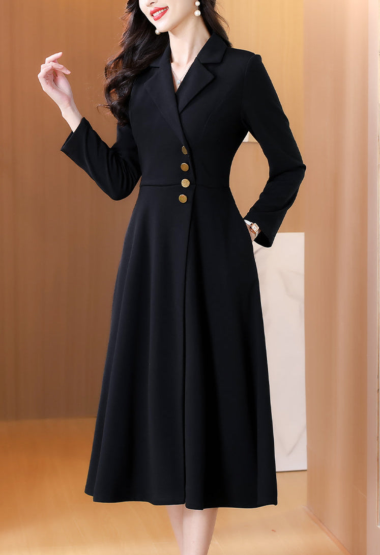 Black Long Sleeve A-Line Office Suit Dress with Gold Buttons