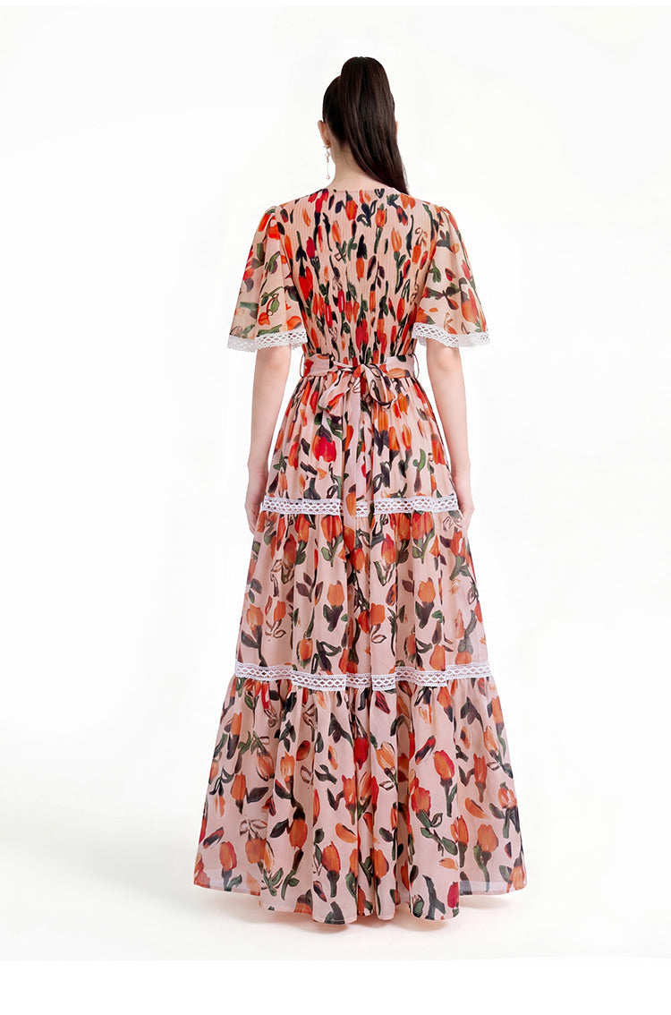 Blooming Tulip Flutter Sleeve Lace-Trim Maxi Dress