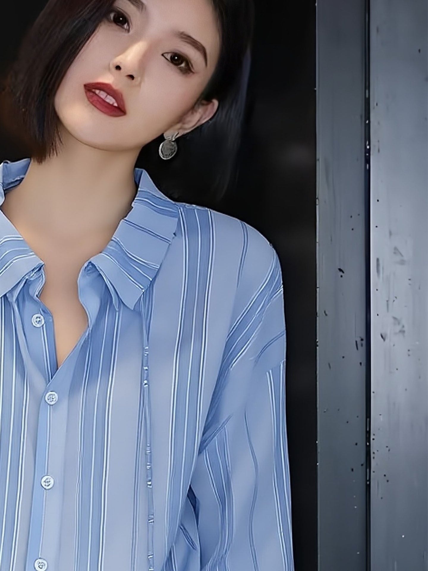 Light Blue Striped Office Shirt With Ruffled Stand Collar