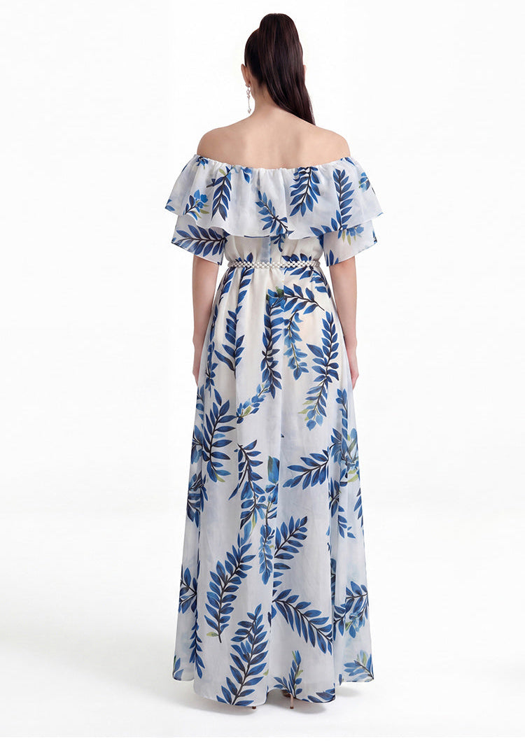 Blue Floral Ruffle Neck Convertible Beach Maxi Dress