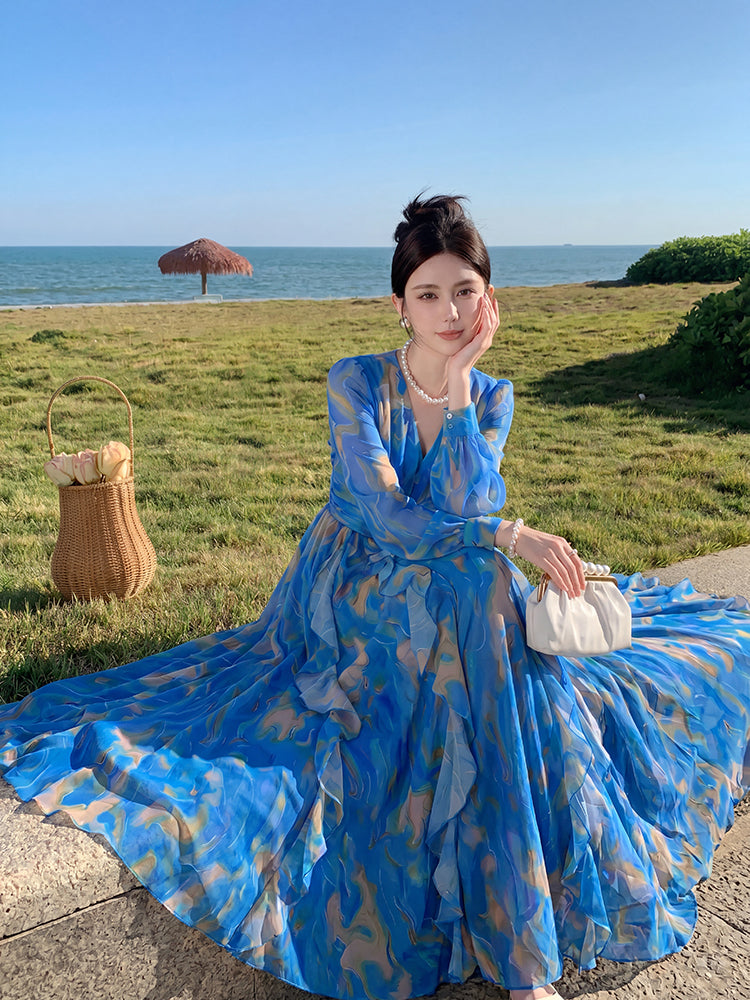 Blue Watercolor Printed Chiffon Maxi Dress with Long Sleeves & Waterfall Ruffles