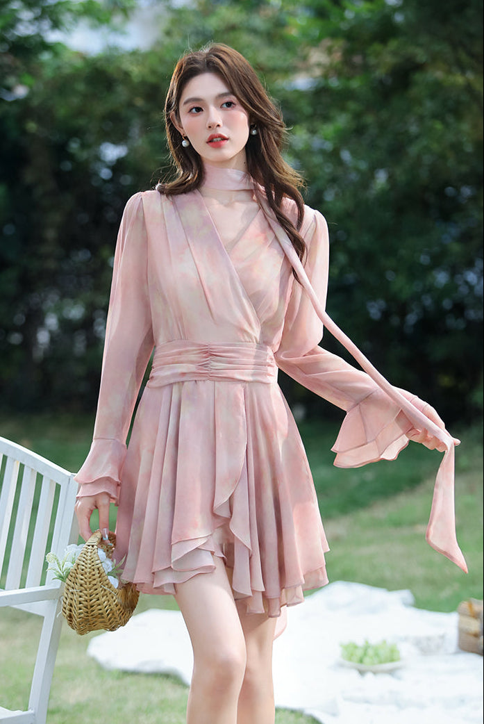 Women's Blush Pink Chiffon Layered Mini Dress-Long Sleeve Wrap-Style Garden Party Dress