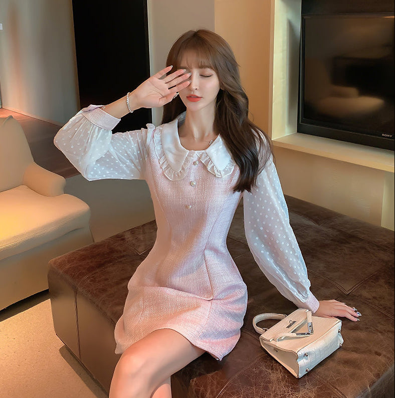 Blush Pink Tweed A-Line Dress with Ruffled Collar & Pearl Accents