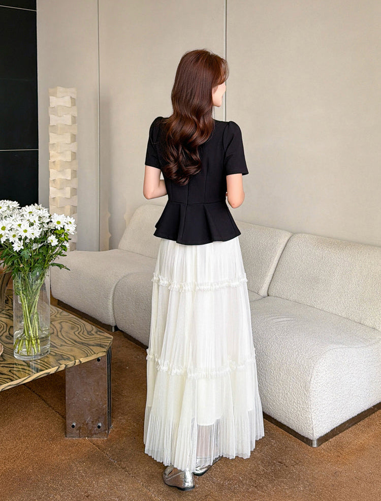 Bow-Detail Peplum Top and Ruffled Tulle Maxi Co-ord
