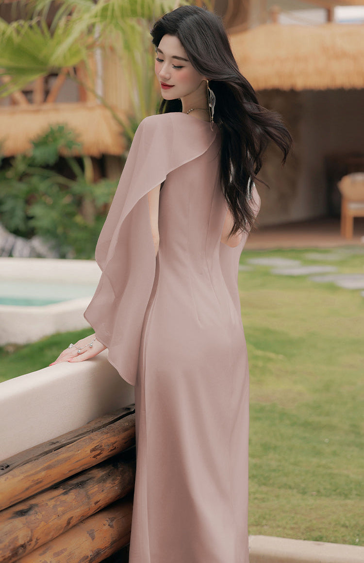 Aurora Draped Cape-Sleeve Midi Dress