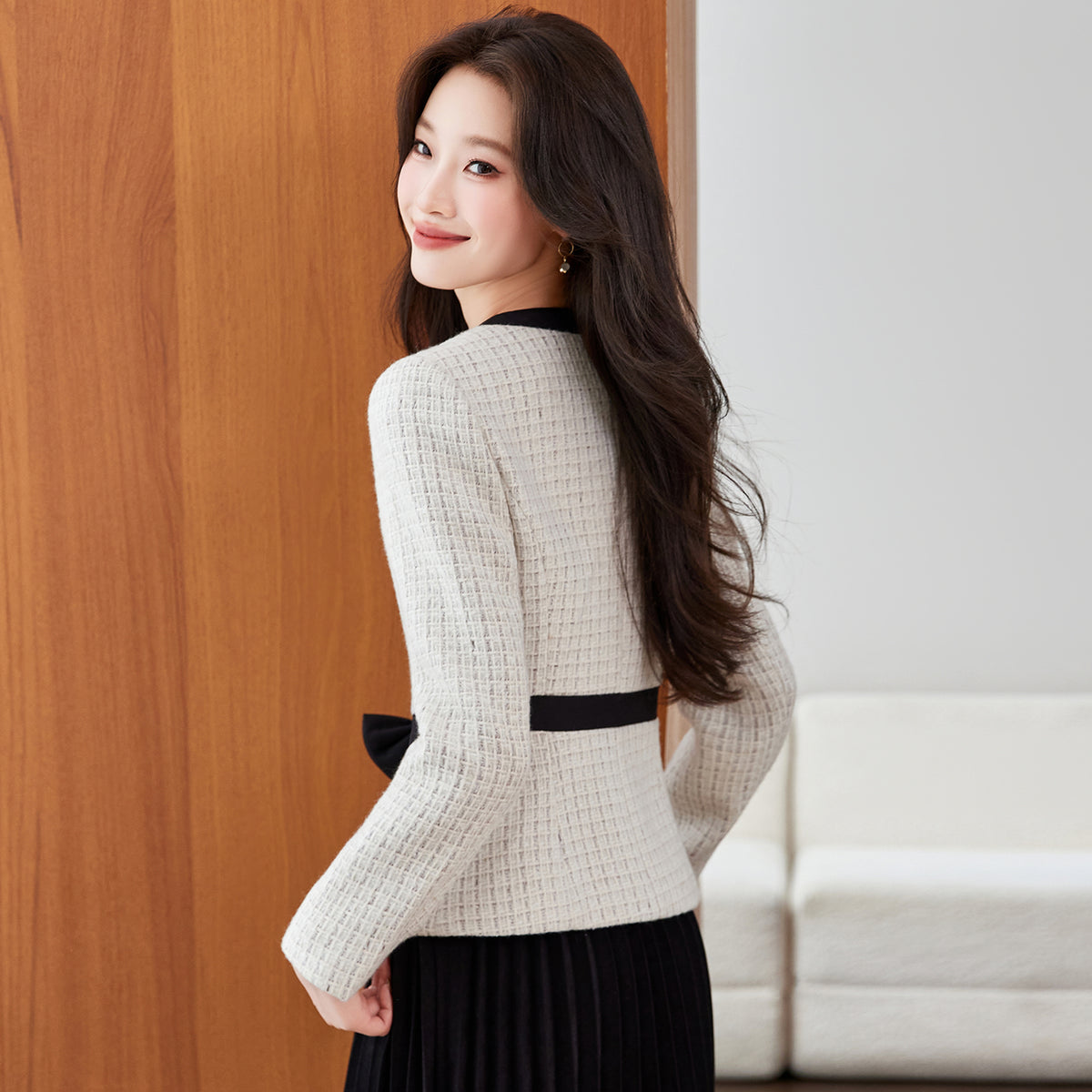 Chanel-Style Bow Waist Tweed Jacket