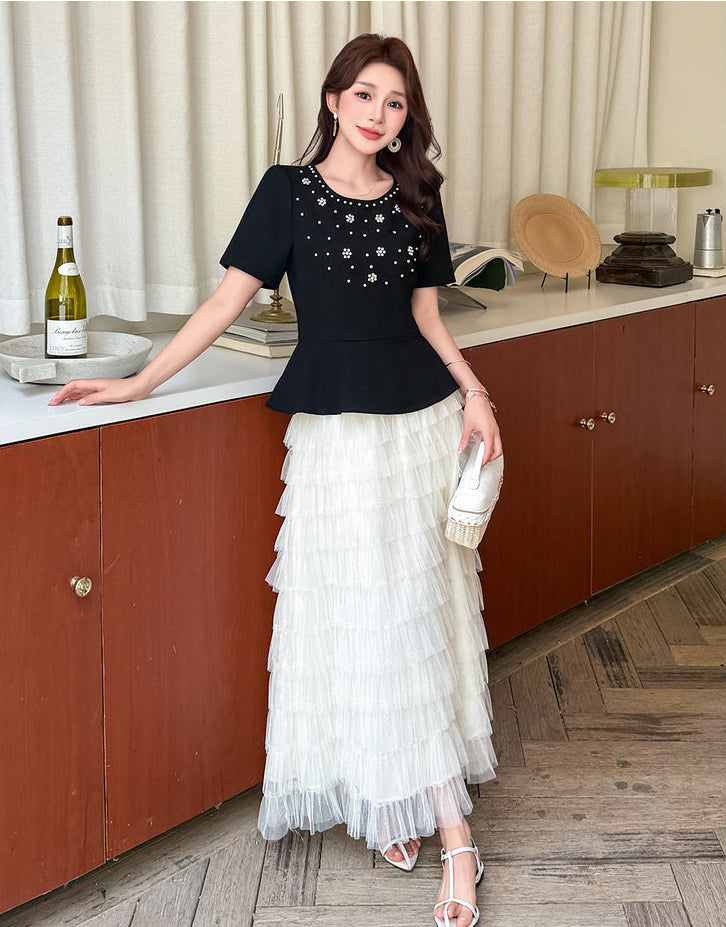 Chloe Pearl-Embellished Peplum Top & Ruffle Tulle Skirt Set