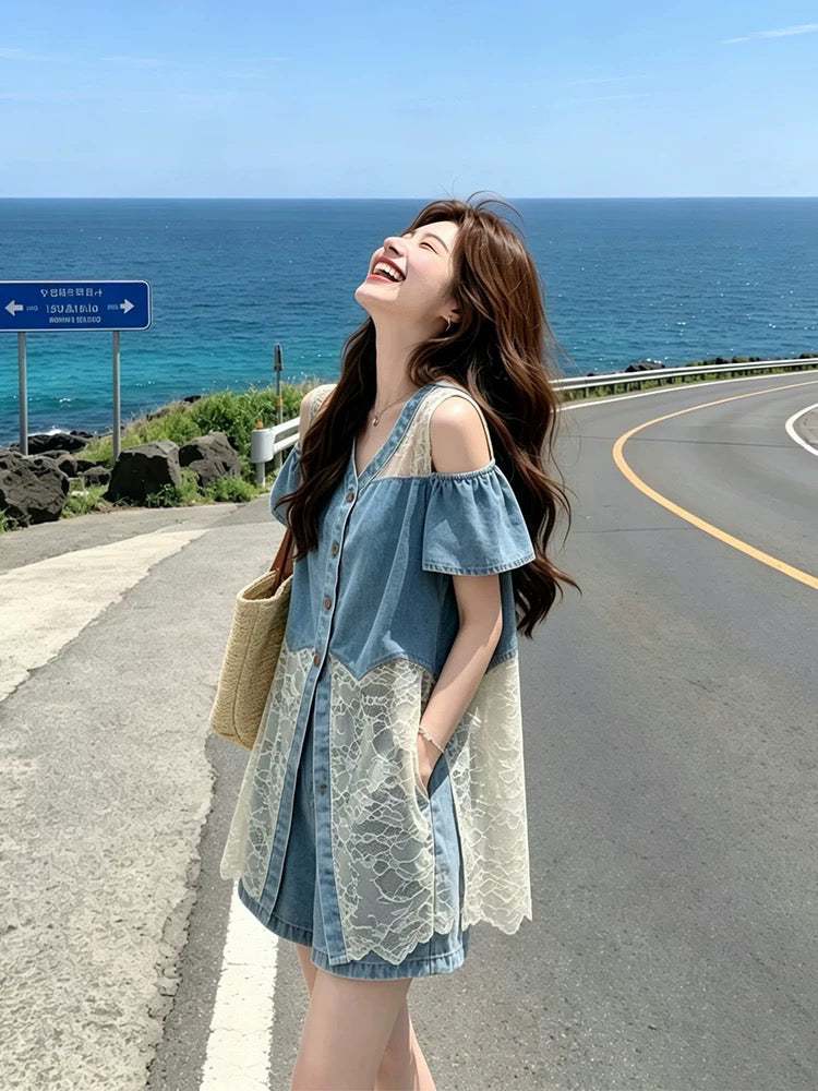 Cold Shoulder Denim and Lace Button-Down Two-Piece Shorts Set