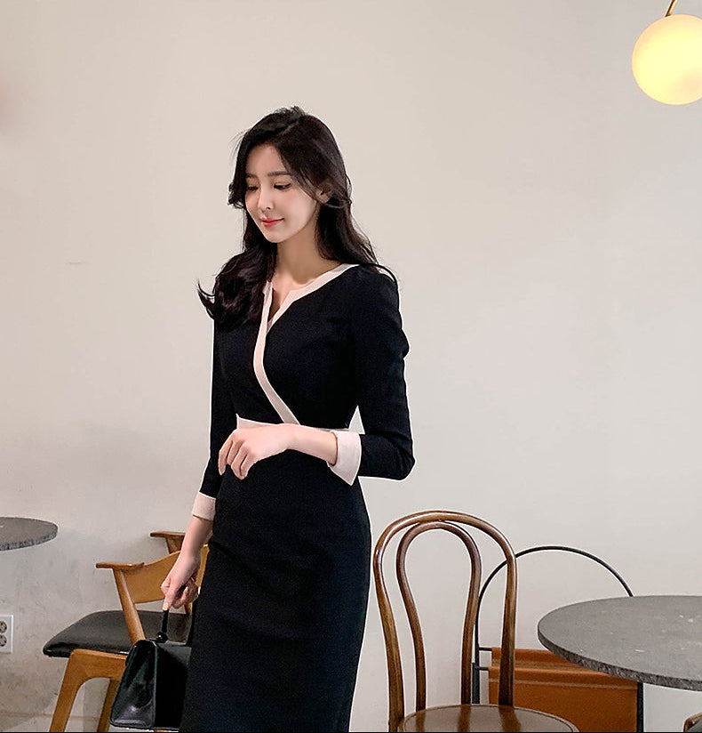 Elegant Long Sleeve V-Neck Contrast Trim Sheath Dress