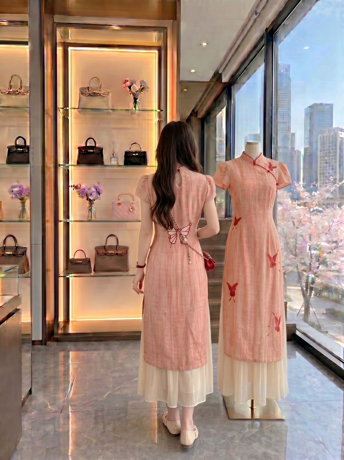 Coral Butterfly Dreams Layered Cheongsam