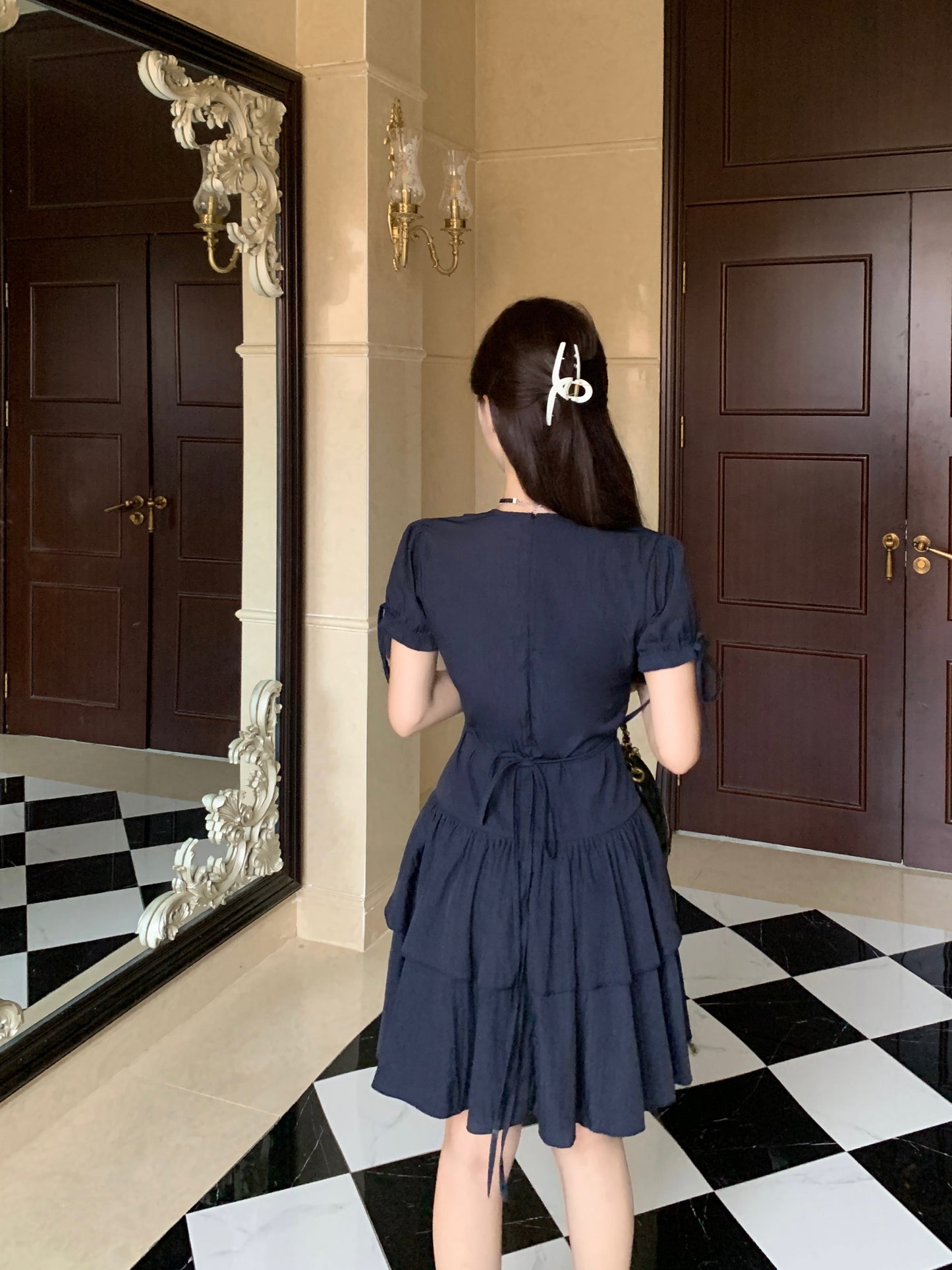 Victorian-Inspired Corset Waist Tea Dress With Ribbon Sleeve Ties