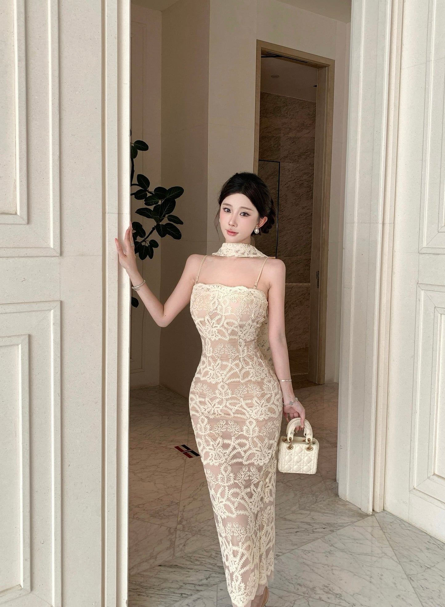 Cream Cami Strap Heavy Floral Embroidery Bodycon Midi Dress