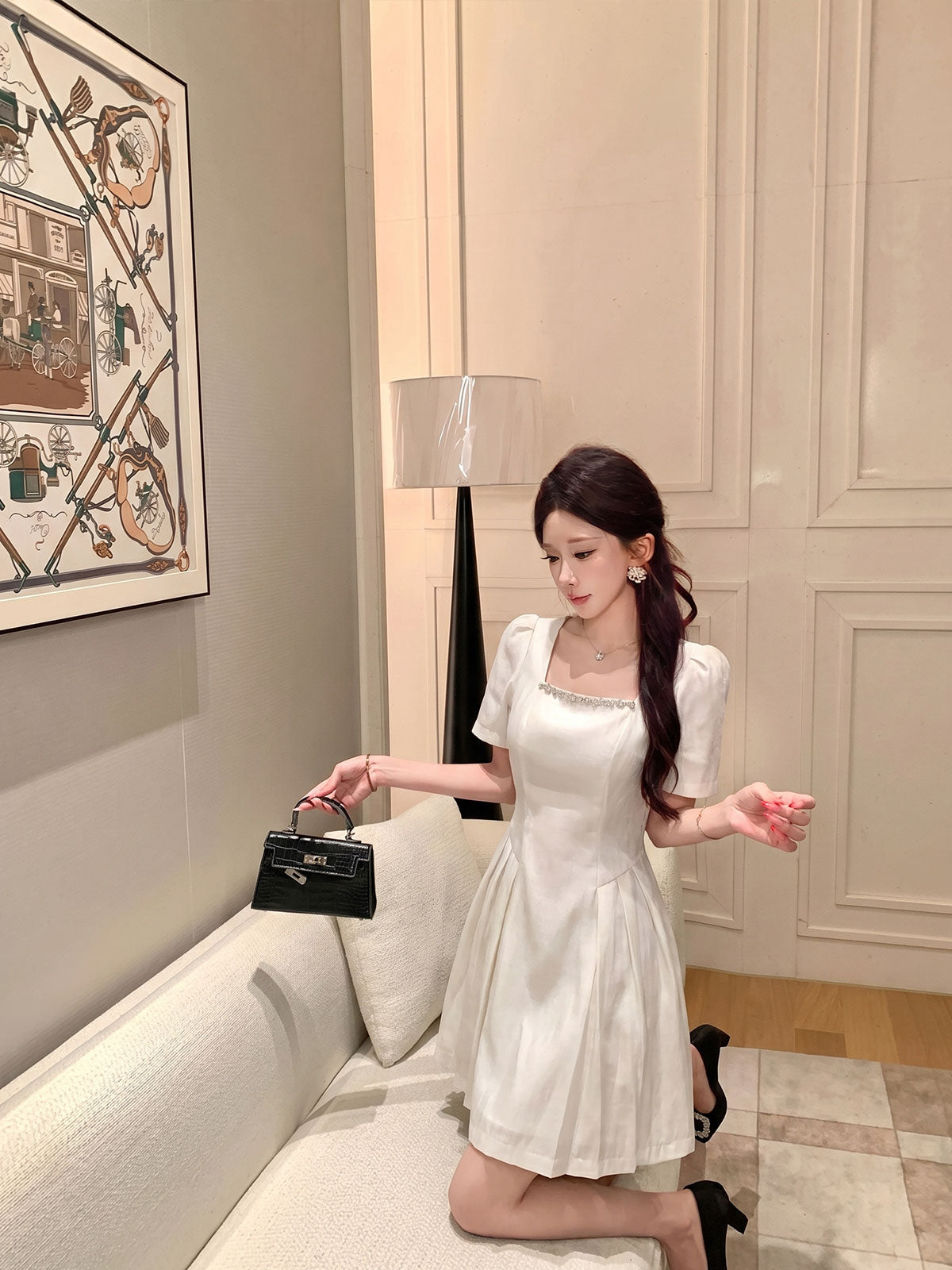 Crystal Trim Square Neck Puff Sleeve Dress