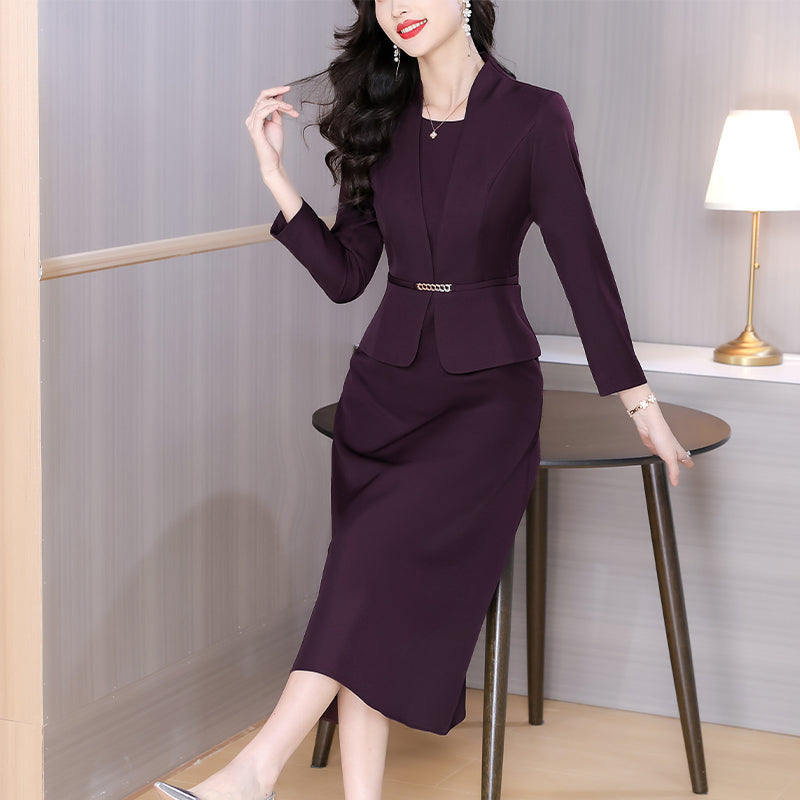 Dark Purple Faux Two-Piece Blazer Midi Dress with
