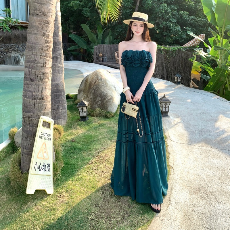 Deep Teal Strapless Smocked Tiered Maxi Dress