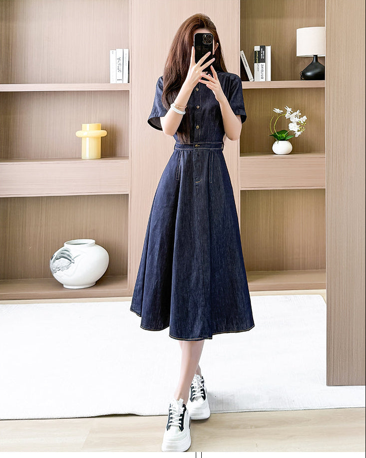 Pleated Waist Denim Button Shirt Dress