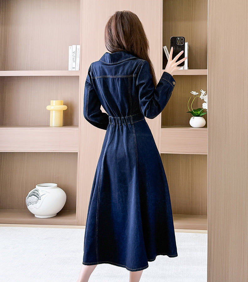 Long Sleeve Contrast Stitch Denim Midi Dress