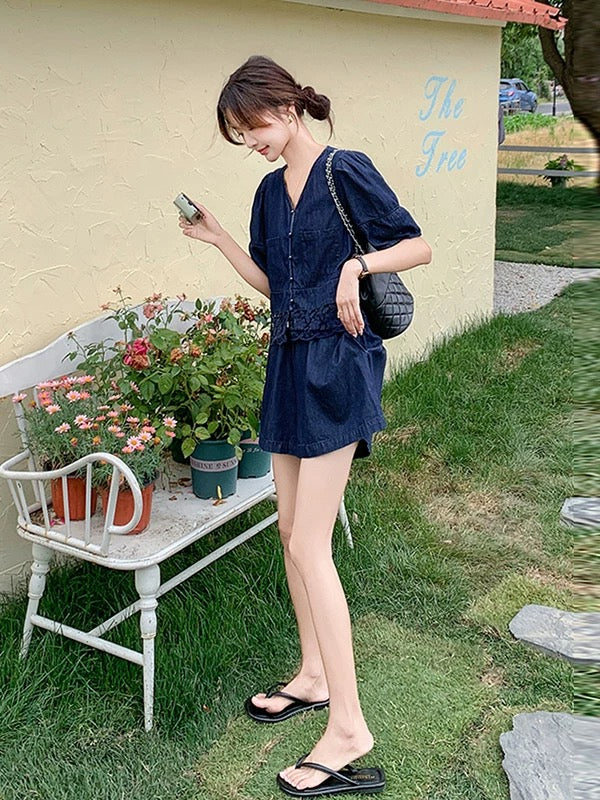 Two-Piece Denim Shorts And Puff-Sleeve Top Set