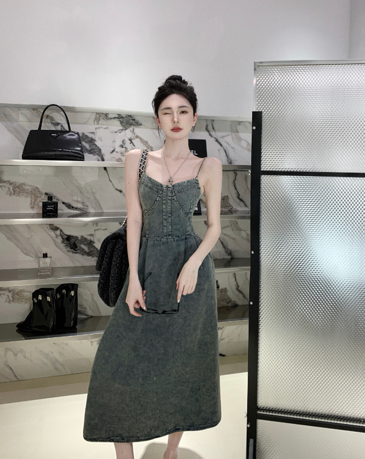 A-line denim dress with spaghetti straps