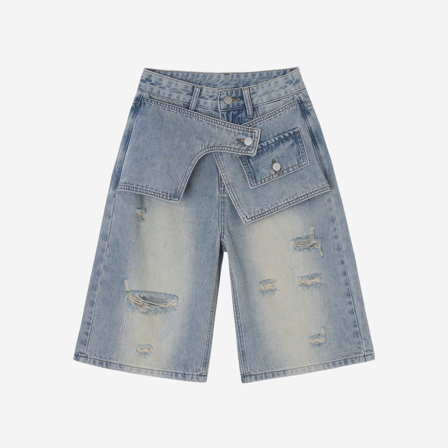 Double-Waist Ripped Knee-Length Jean Shorts