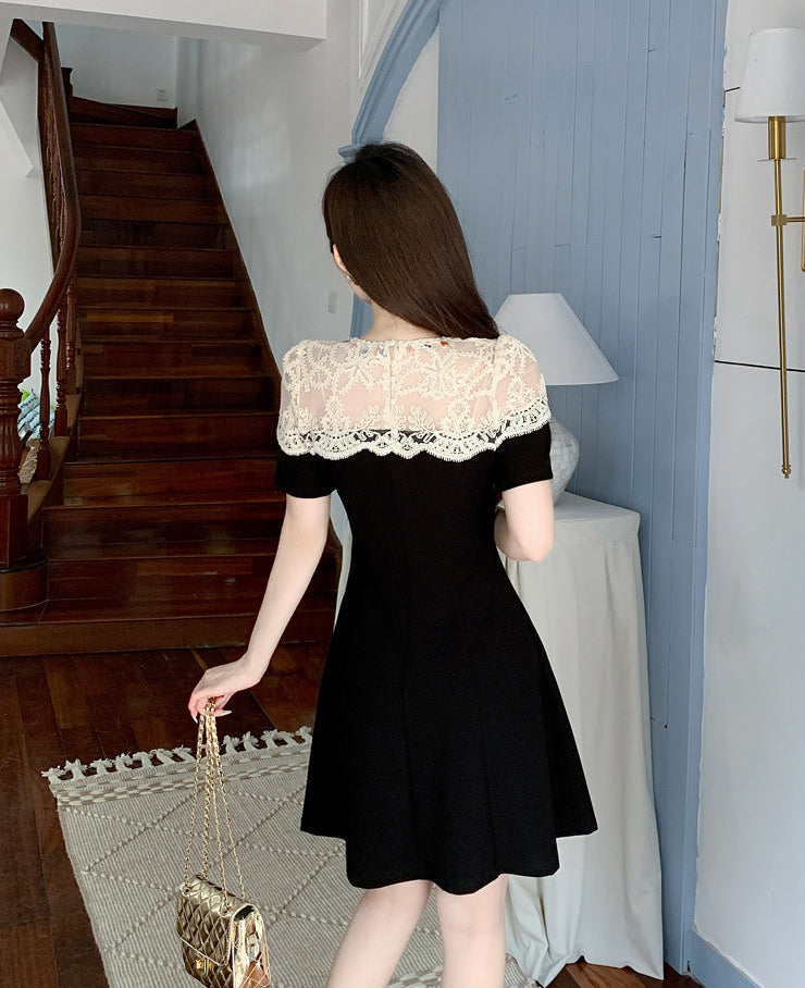 Elegant Black A-Line Cocktail Dress With Cream Crochet Lace Yoke