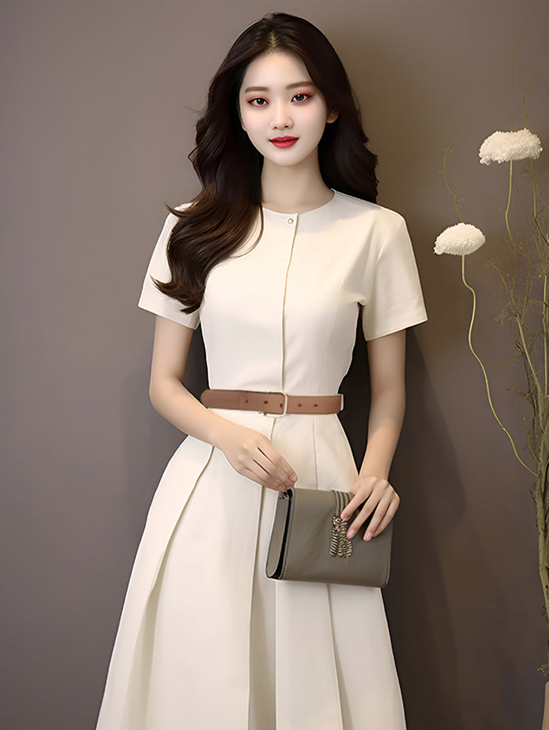 Elegant Cream Short Sleeve A-Line Midi Dress With Belt